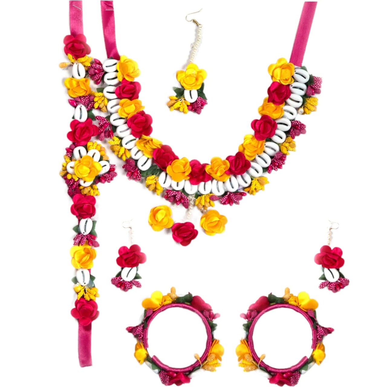 Flower Designer Shells Jewelry Set for Women Handmade Necklace with Earrings Maang Tikka Bracelet Waistbelt Indian Artificial Jewellery for Haldi Mehndi Wedding Party Bridal